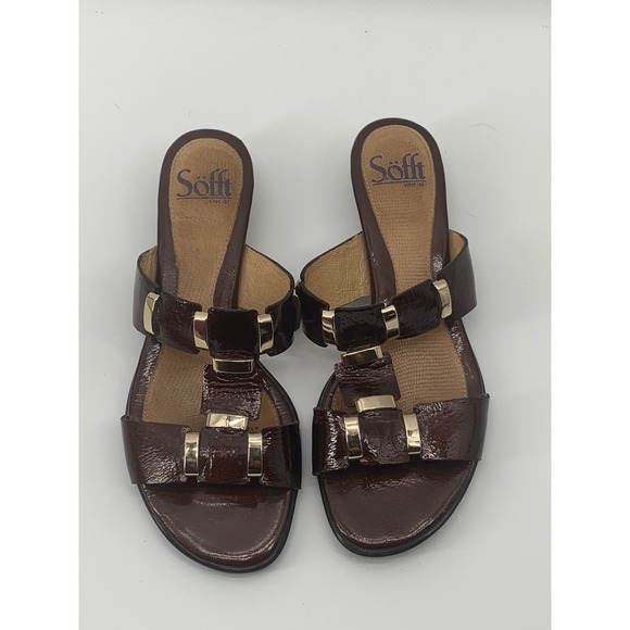 Sofft Shoes - Sofft Womens Brown Patent Leather Slide Sandals Gold Hardware Low Wedge 6.5 M